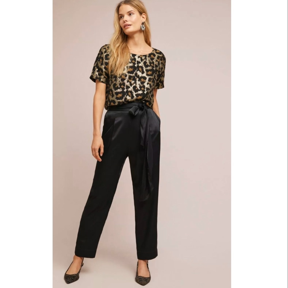 Anthropologie Black Satin Tie-Waist Pants sz 0